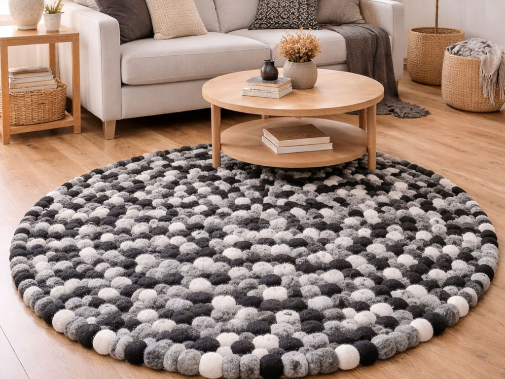 Handmade Wool Felt Ball Rug – Round Boho Nursery Carpet, Eco-Friendly Play Mat