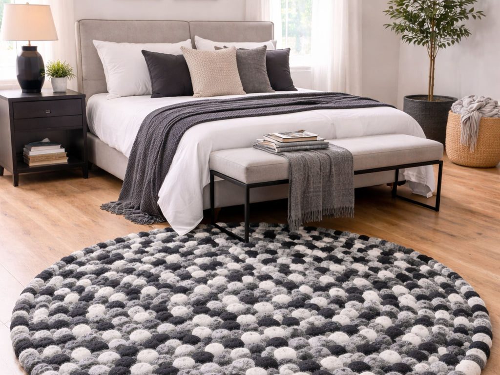 Handmade Wool Felt Ball Rug – Round Boho Nursery Carpet, Eco-Friendly Play Mat