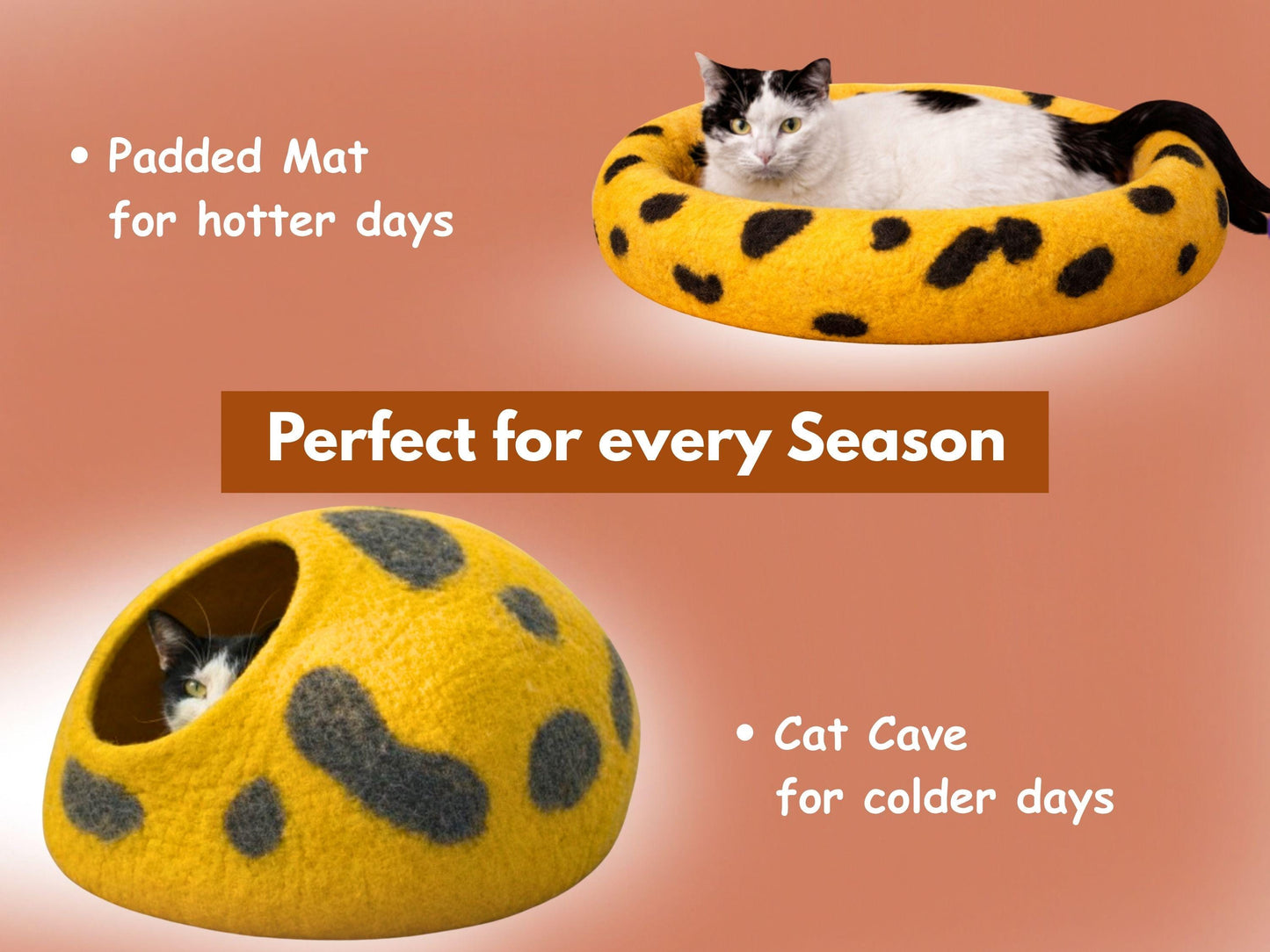 Handmade Yellow Polka Dot Felt Cat Cave | Natural Wool Pet Bed (40cm Diameter)