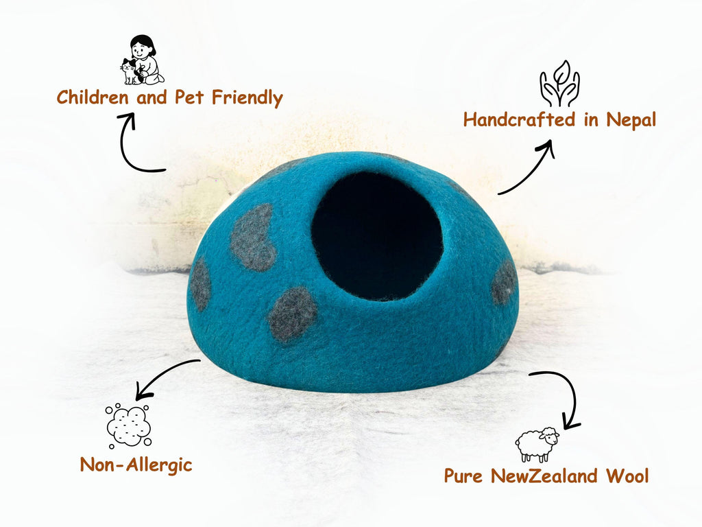 Handmade Blue Felt Cat Cave | Polka Dot Wool Bed, Free Mouse Toy (40cm Diameter)