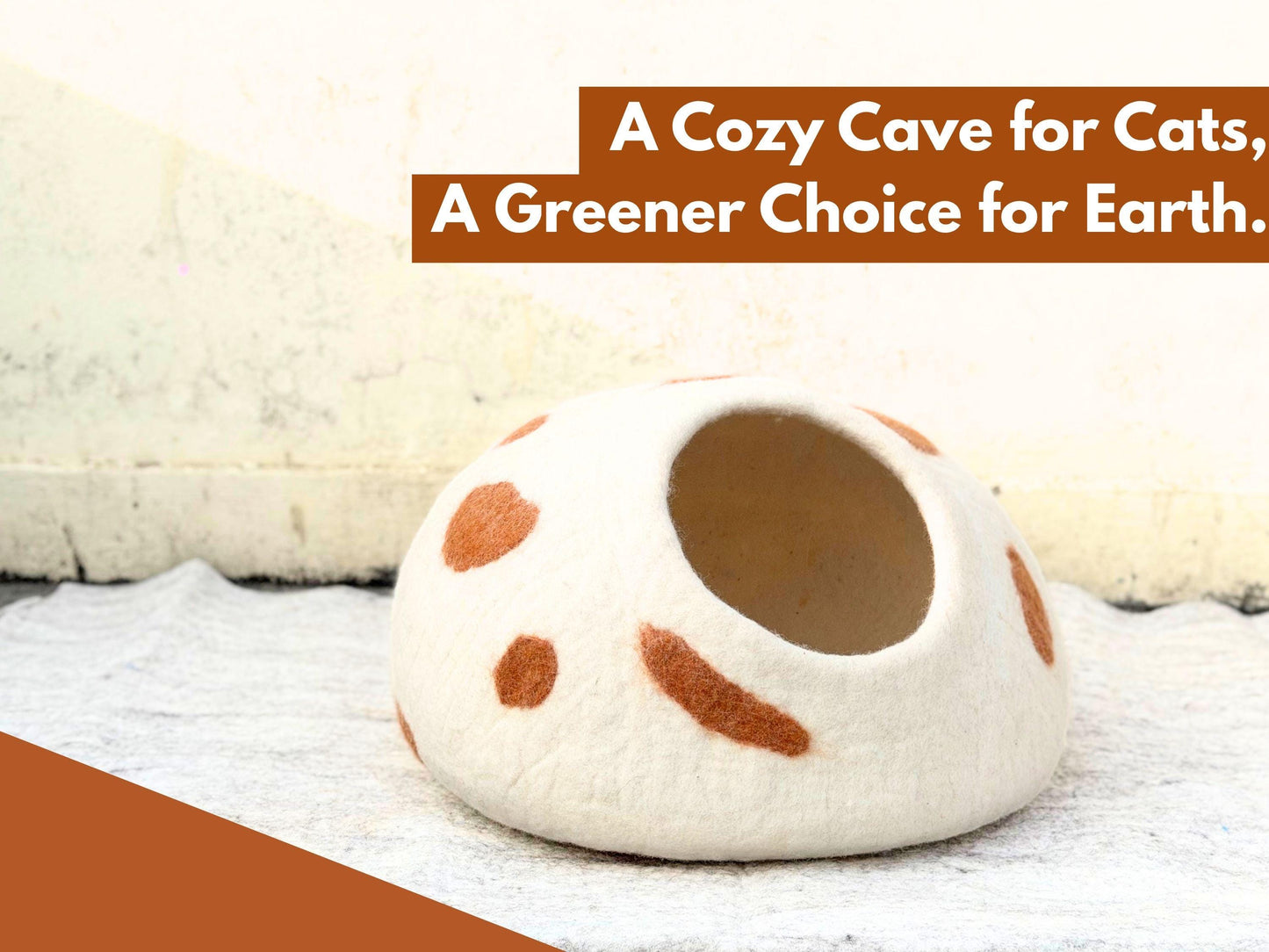 Handmade Felt Cat Cave | White with Brown Polka Dots, Wool Pet Bed (40cm)