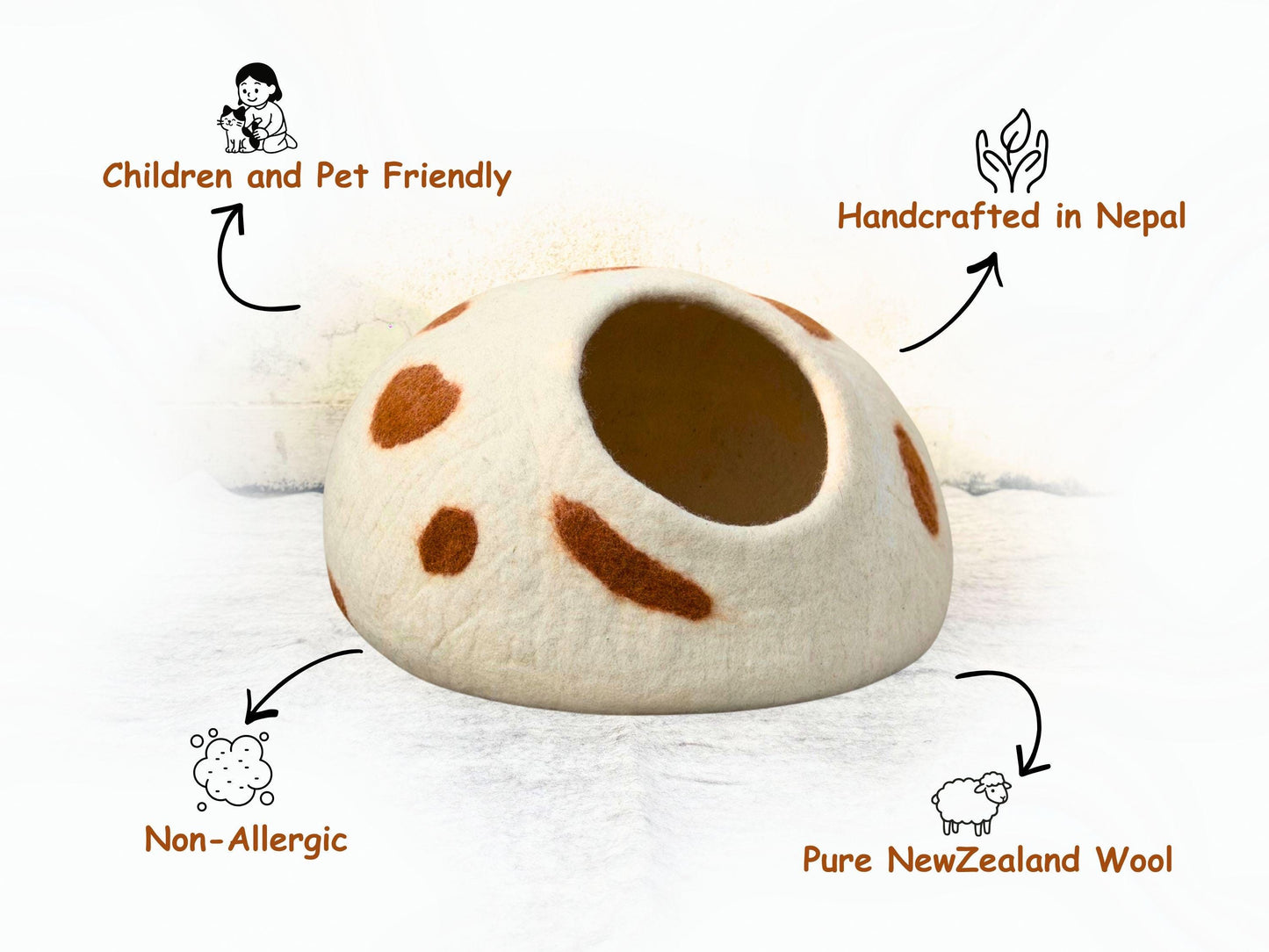 Handmade Felt Cat Cave | White with Brown Polka Dots, Wool Pet Bed (40cm)