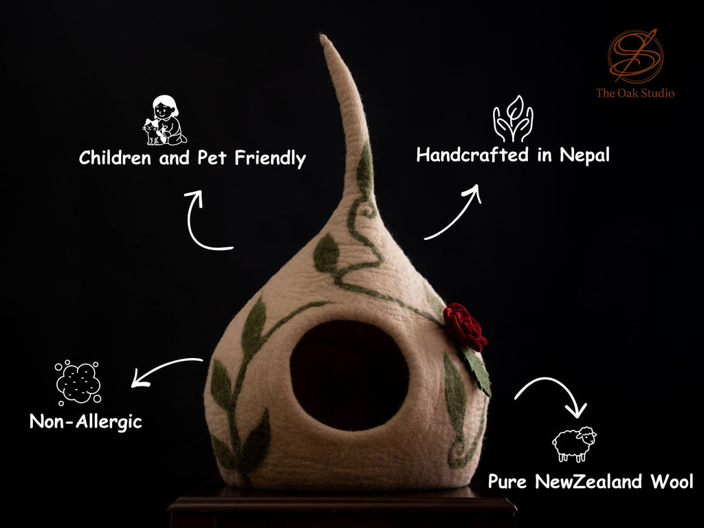 Handmade Felt Cat Cave Bed – Beige Floral Wool Pet House (Ships USA)