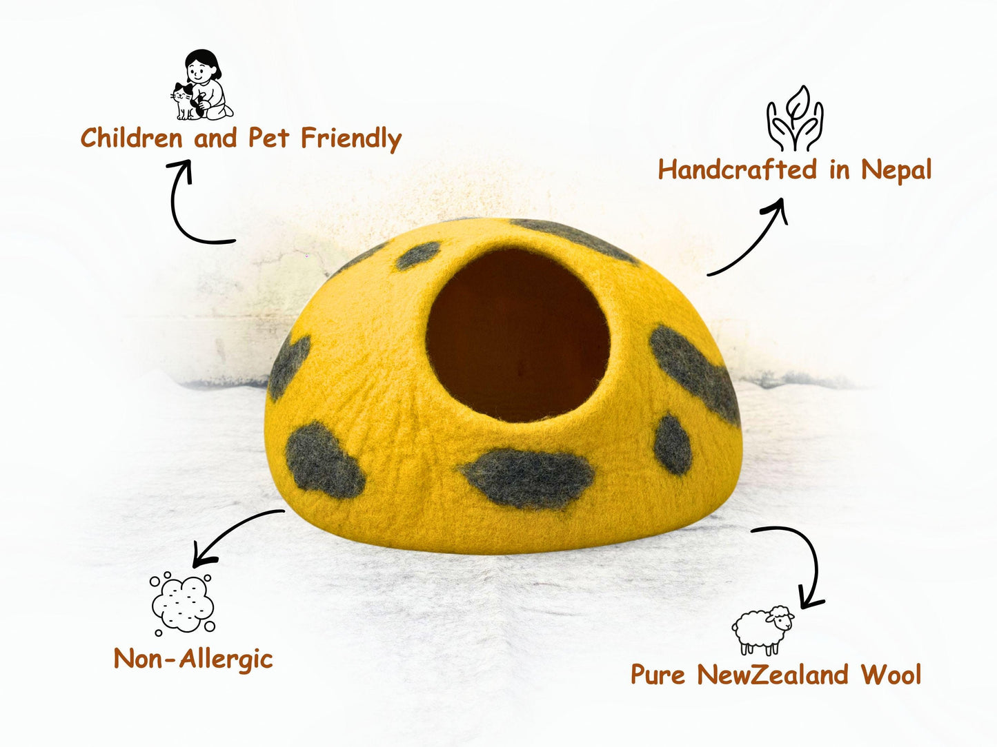 Handmade Yellow Polka Dot Felt Cat Cave | Natural Wool Pet Bed (40cm Diameter)