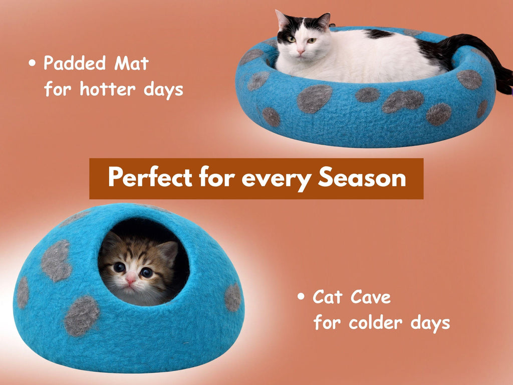 Handmade Blue Felt Cat Cave | Polka Dot Wool Bed, Free Mouse Toy (40cm Diameter)