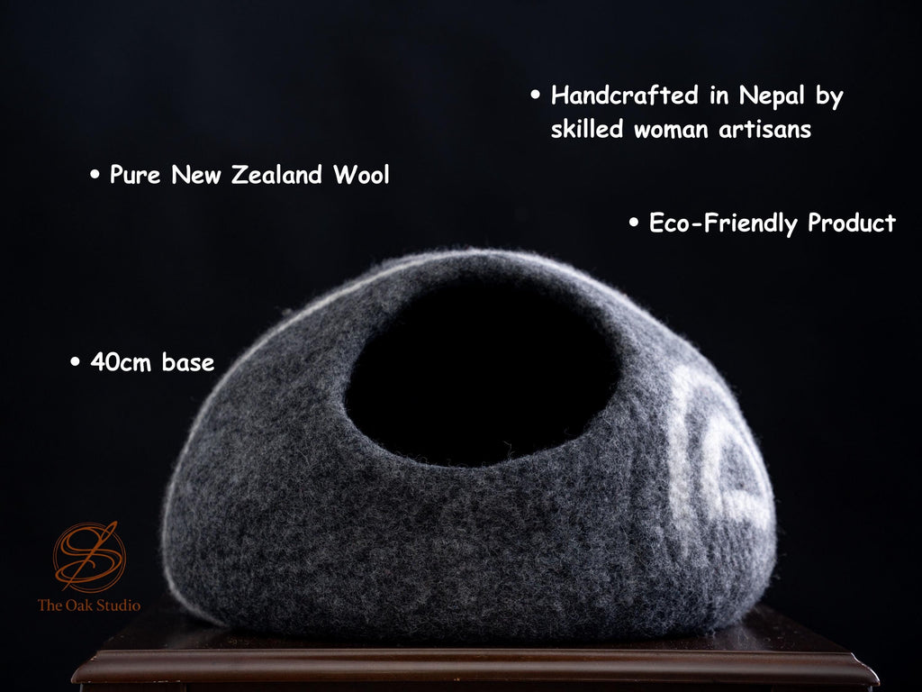 Handmade Felt Cat Cave Bed – Grey with White Stripes, New Zealand Wool House