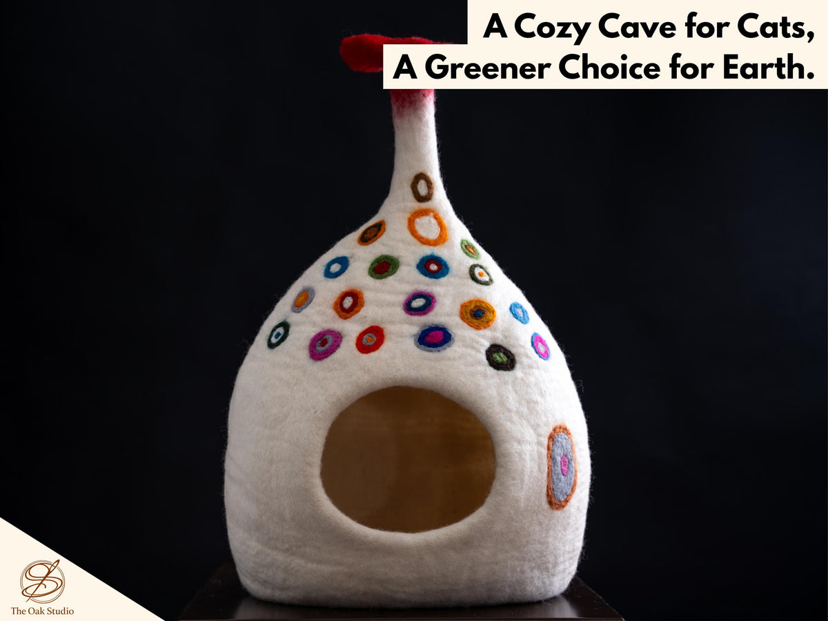 Mushroom Felt Cat Cave – Handmade Wool Pet House with Colorful Dots, 40cm Cozy Sanctuary