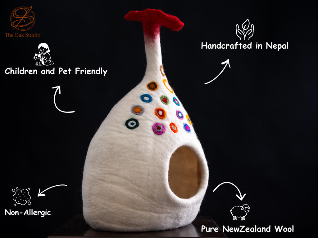 Mushroom Felt Cat Cave – Handmade Wool Pet House with Colorful Dots, 40cm Cozy Sanctuary
