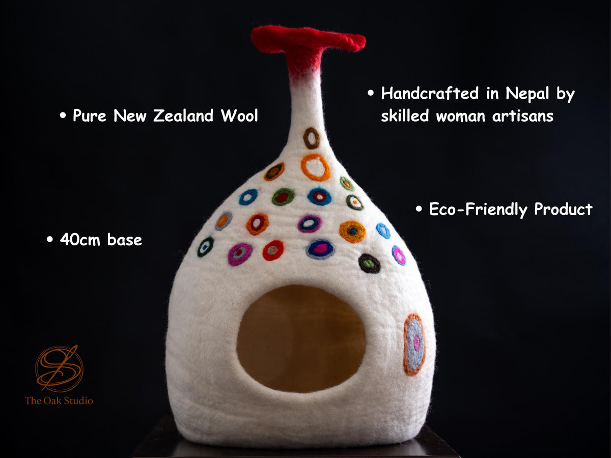 Mushroom Felt Cat Cave – Handmade Wool Pet House with Colorful Dots, 40cm Cozy Sanctuary