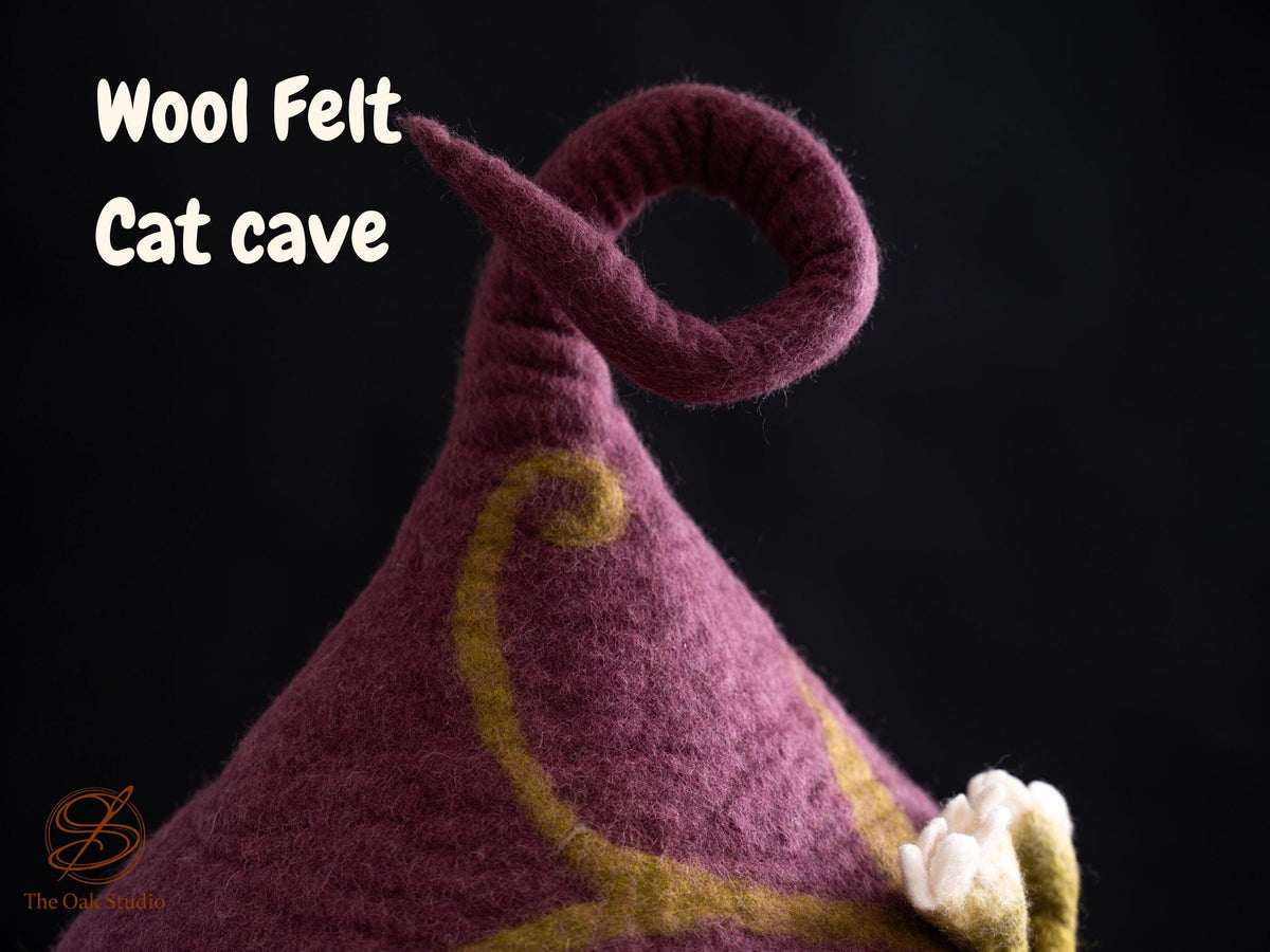 Purple Floral Felt Cat Cave – Wool Pet Bed House, Cozy Artisan Made in Nepal