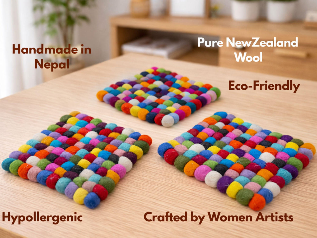 Set of 3 Multicolor Wool Ball Trivets – Handmade Felt Hot Pads, Eco-Friendly Kitchen Decor