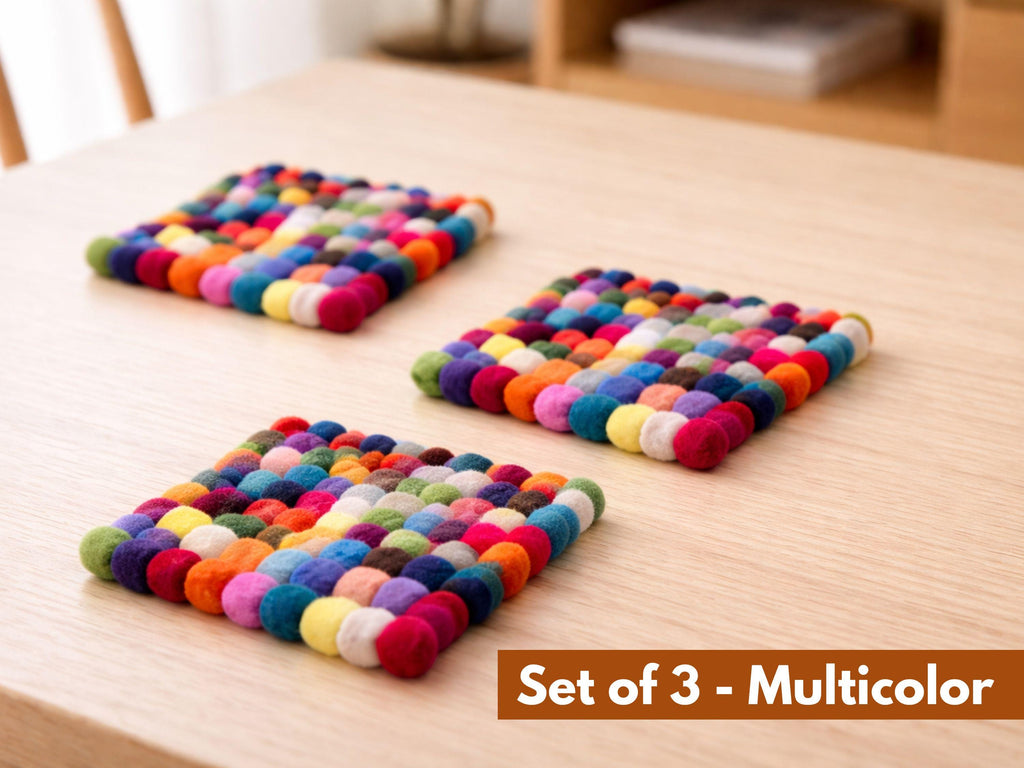 Set of 3 Multicolor Wool Ball Trivets – Handmade Felt Hot Pads, Eco-Friendly Kitchen Decor