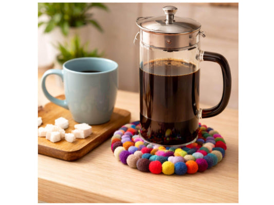 Set of 3 Handmade Wool Ball Trivets – Multicolor Felt Hot Pads, 18cm Kitchen Decor