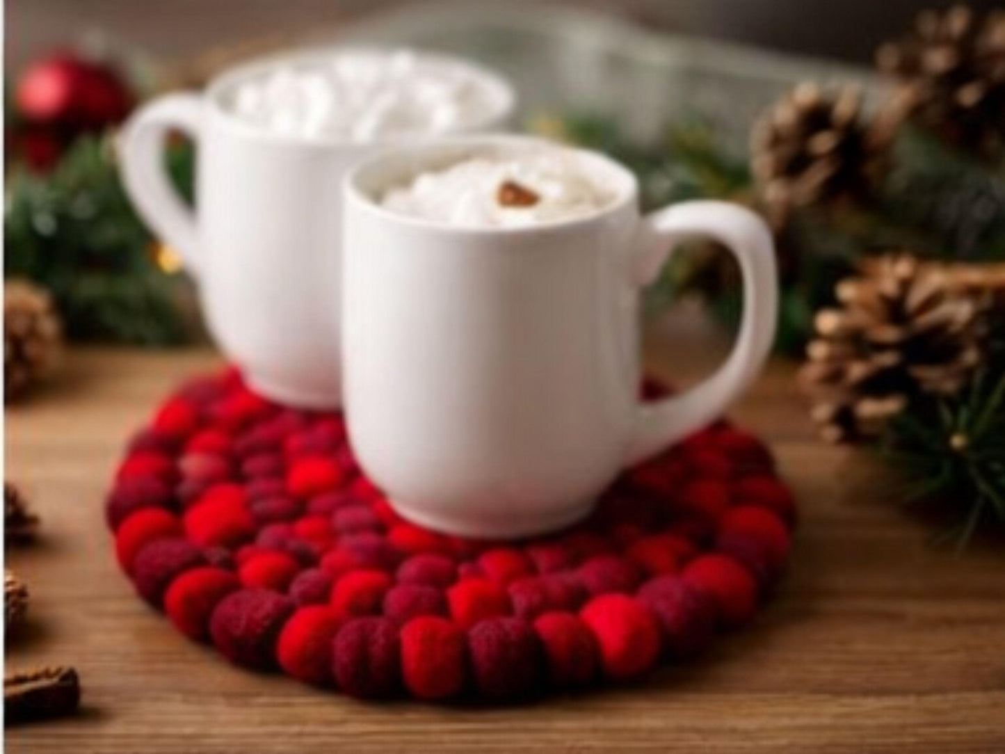 Handmade Red Wool Felt Ball Trivets – Set of 3, 20cm Diameter Table Protection