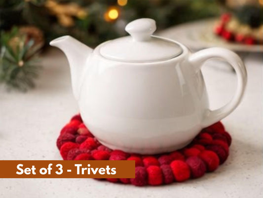 Handmade Red Wool Felt Ball Trivets – Set of 3, 20cm Diameter Table Protection