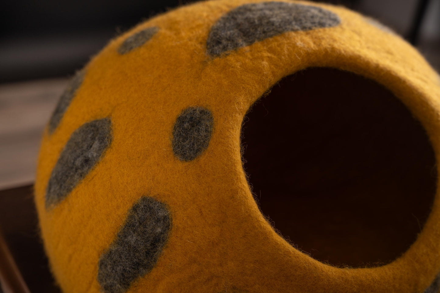 Handmade Yellow Polka Dot Felt Cat Cave | Natural Wool Pet Bed (40cm Diameter)