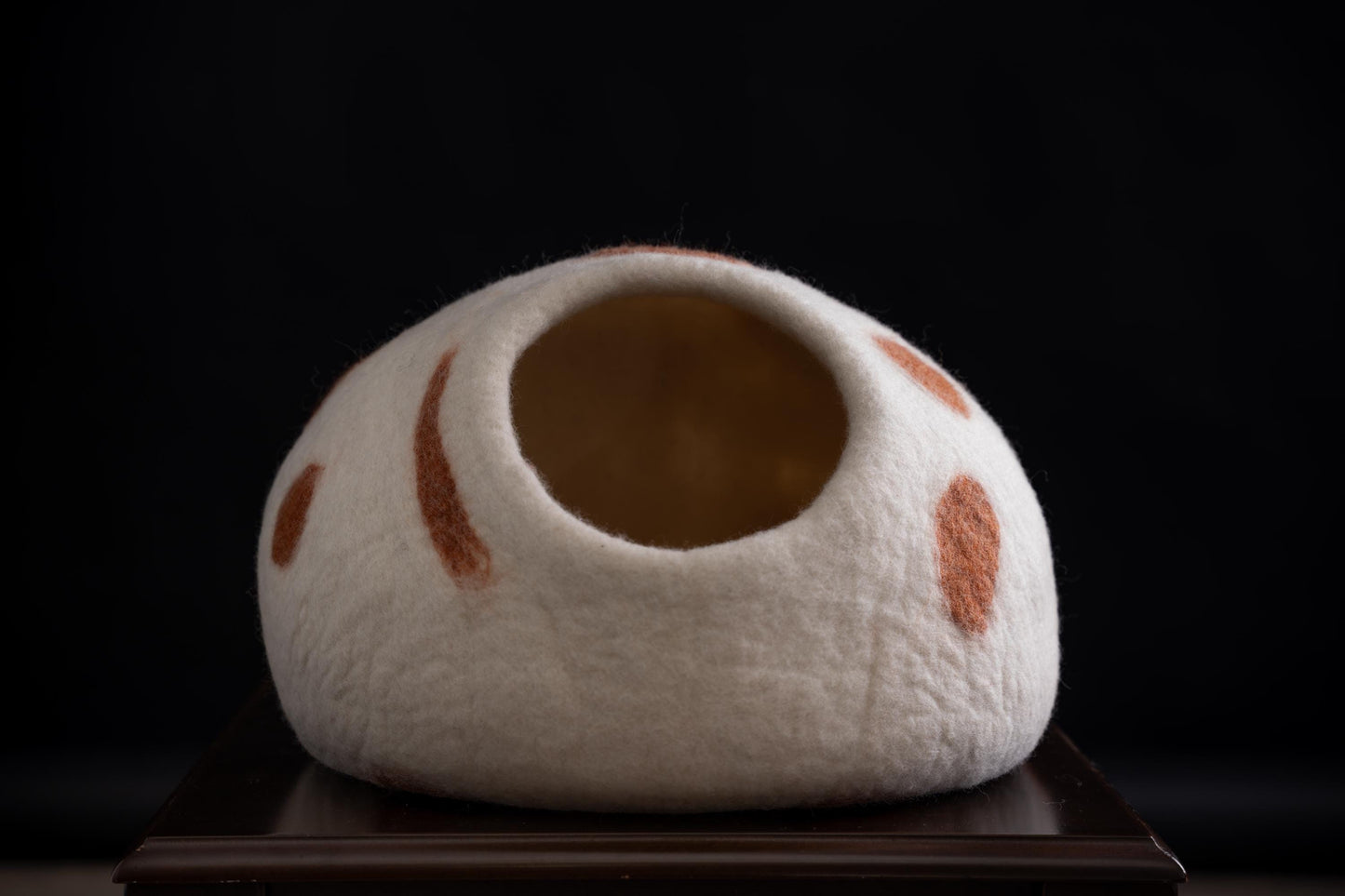 Handmade Felt Cat Cave | White with Brown Polka Dots, Wool Pet Bed (40cm)