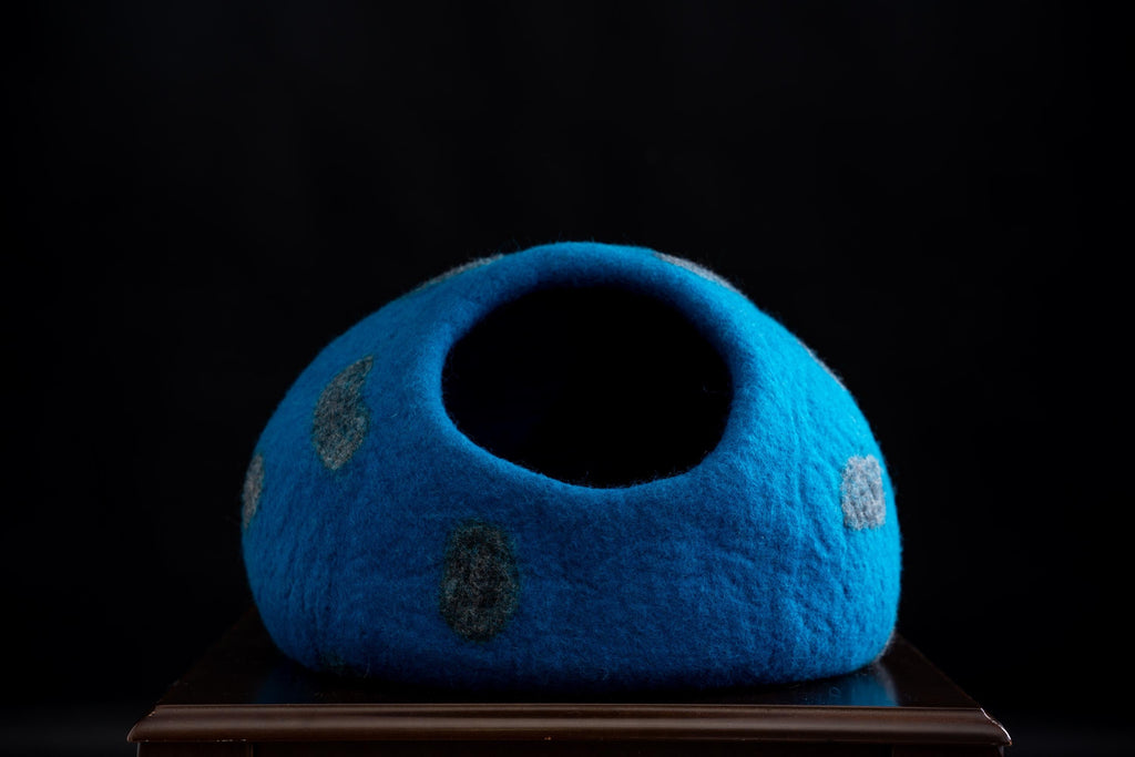 Handmade Blue Felt Cat Cave | Polka Dot Wool Bed, Free Mouse Toy (40cm Diameter)