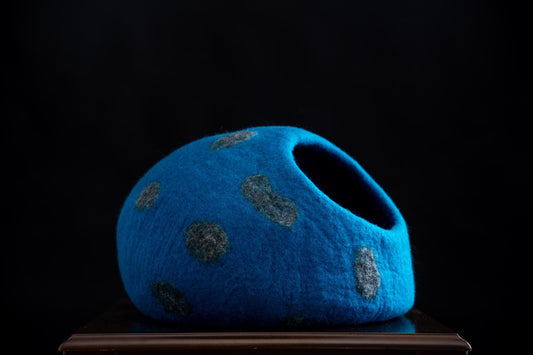 Handmade Blue Felt Cat Cave | Polka Dot Wool Bed, Free Mouse Toy (40cm Diameter)