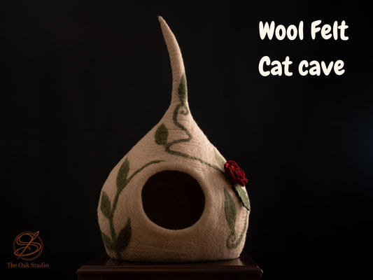 Handmade Felt Cat Cave Bed – Beige Floral Wool Pet House (Ships USA)