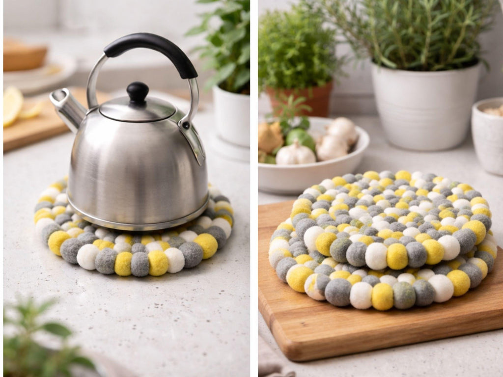 Set of 3 Yellow Wool Felt Ball Trivets – Modern Kitchen Essential 16cm