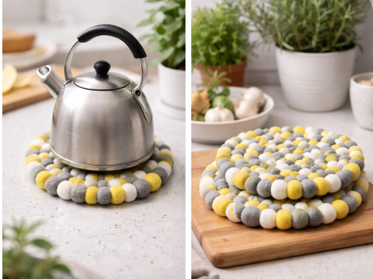 Set of 3 Yellow Wool Felt Ball Trivets – Modern Kitchen Essential 16cm