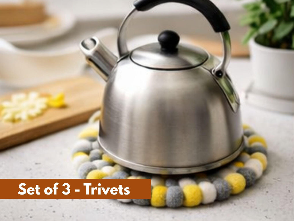 Set of 3 Yellow Wool Felt Ball Trivets – Modern Kitchen Essential 16cm