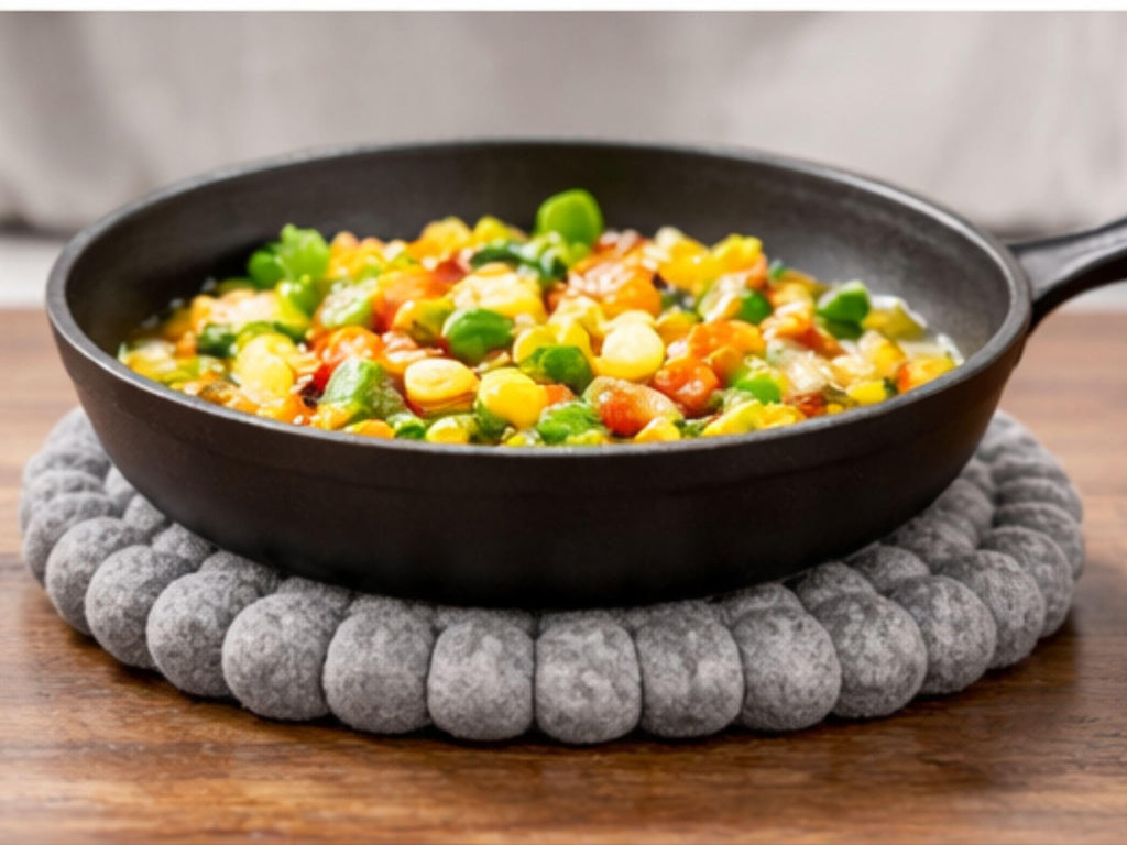 Grey Felt Ball Trivet Set – 20cm Round Wool Table Protector, Minimalist Kitchen Décor