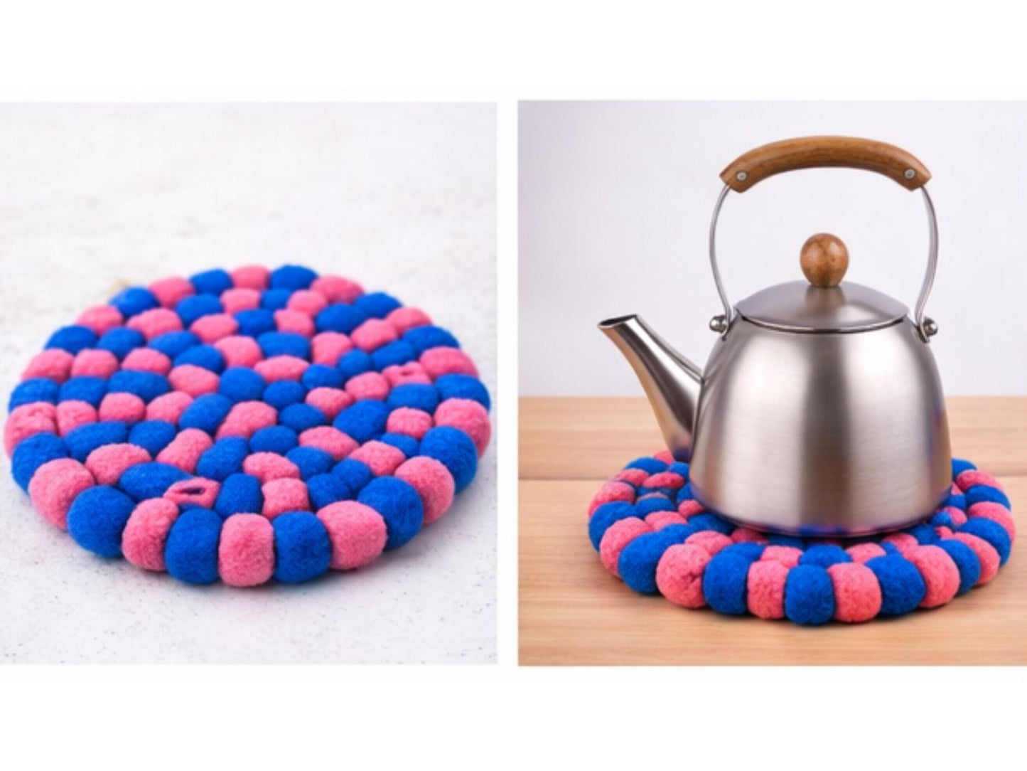 Handmade Pink Blue Felt Ball Trivets Set – Wool Kitchen Table Protector