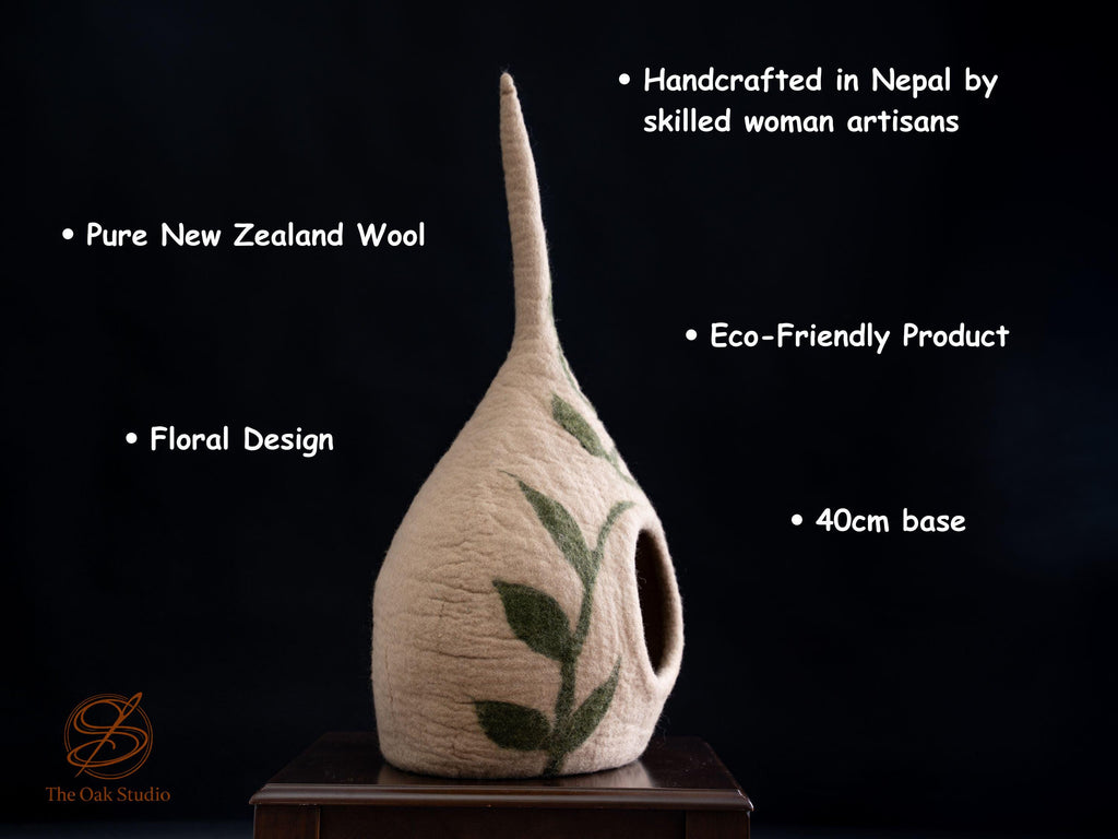 Handmade Felt Cat Cave Bed – Beige Floral Wool Pet House (Ships USA)
