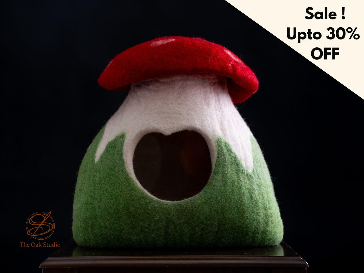 Handmade Mushroom Felt Cat Cave – Natural Wool Pet House, Cozy Eco-Friendly Bed (40cm)