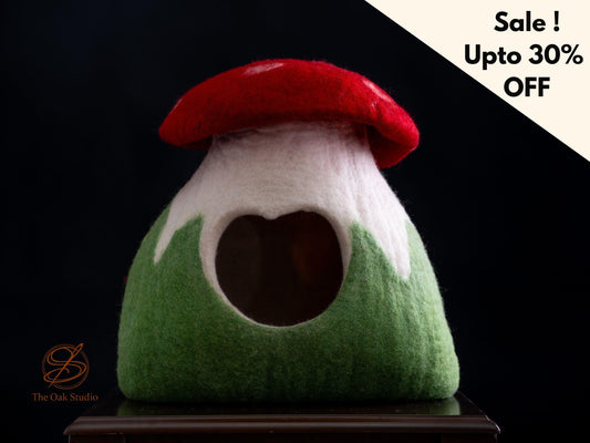 Handmade Mushroom Felt Cat Cave – Natural Wool Pet House, Cozy Eco-Friendly Bed (40cm)