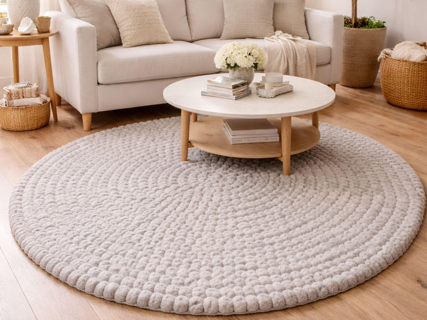 Handmade Wool Felt Ball Rug – Round Carpet, Eco-Friendly Nursery Play Mat, Boho Decor