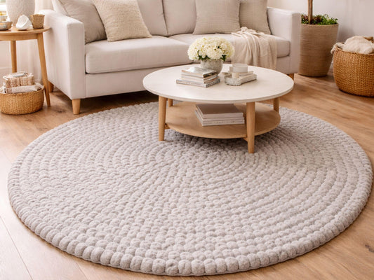 Handmade Wool Felt Ball Rug – Round Carpet, Eco-Friendly Nursery Play Mat, Boho Decor