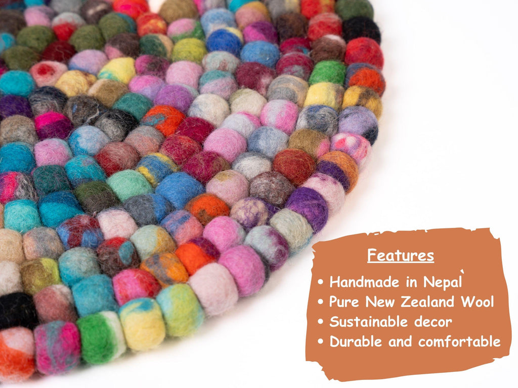 Handmade Felt Ball Rug – Pure Wool Round Carpet, Eco-Friendly Boho Decor