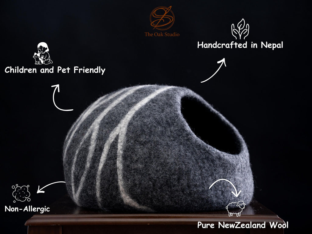 Handmade Felt Cat Cave Bed – Grey with White Stripes, New Zealand Wool House