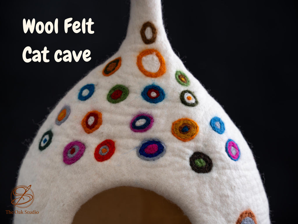 Mushroom Felt Cat Cave – Handmade Wool Pet House with Colorful Dots, 40cm Cozy Sanctuary