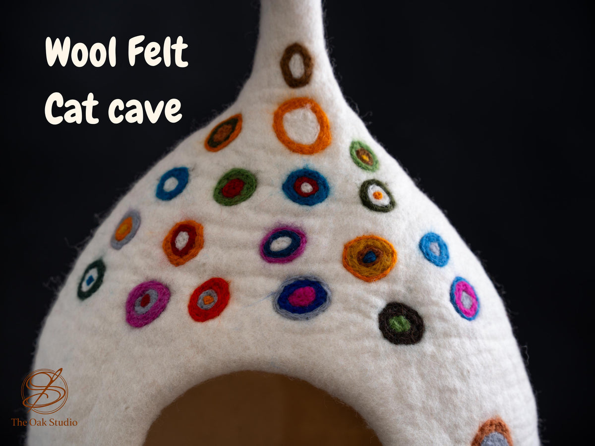 Mushroom Felt Cat Cave – Handmade Wool Pet House with Colorful Dots, 40cm Cozy Sanctuary