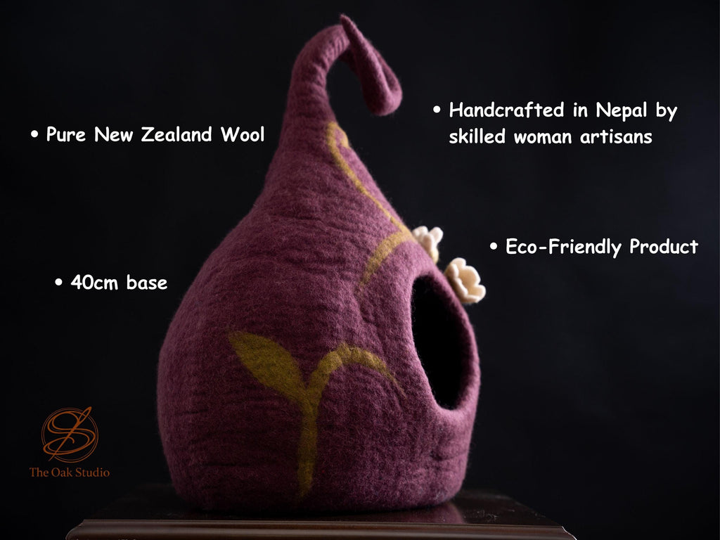 Purple Floral Felt Cat Cave – Wool Pet Bed House, Cozy Artisan Made in Nepal