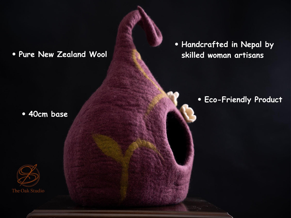 Purple Floral Felt Cat Cave – Wool Pet Bed House, Cozy Artisan Made in Nepal