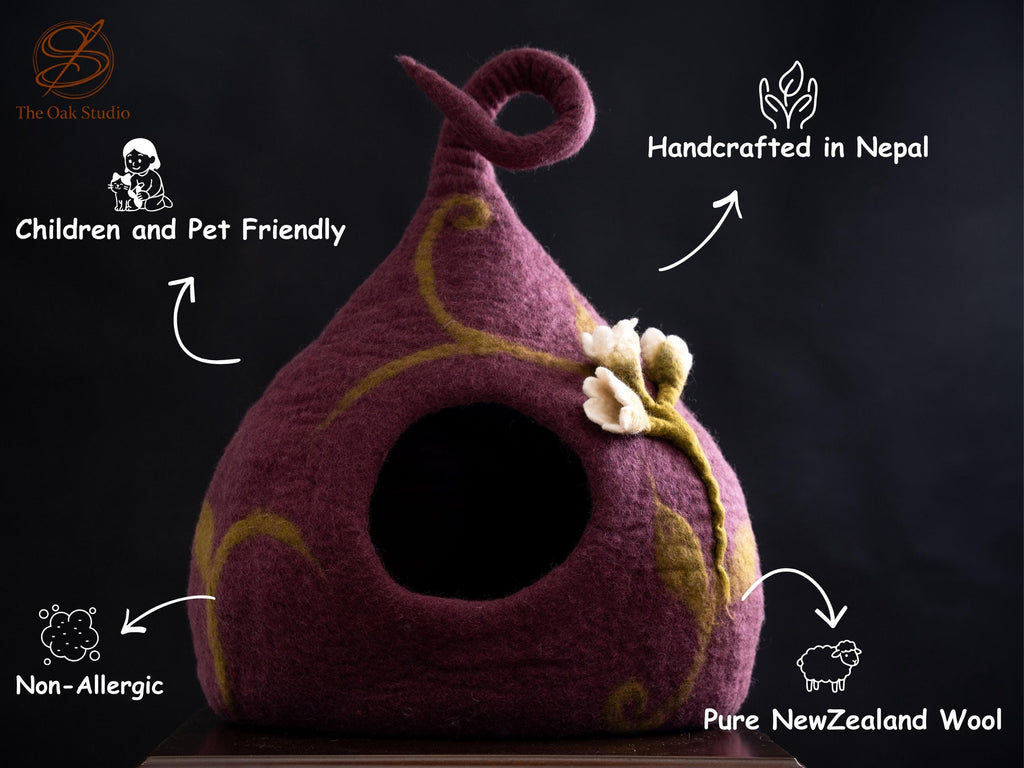 Purple Floral Felt Cat Cave – Wool Pet Bed House, Cozy Artisan Made in Nepal