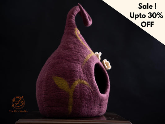 Purple Floral Felt Cat Cave – Wool Pet Bed House, Cozy Artisan Made in Nepal