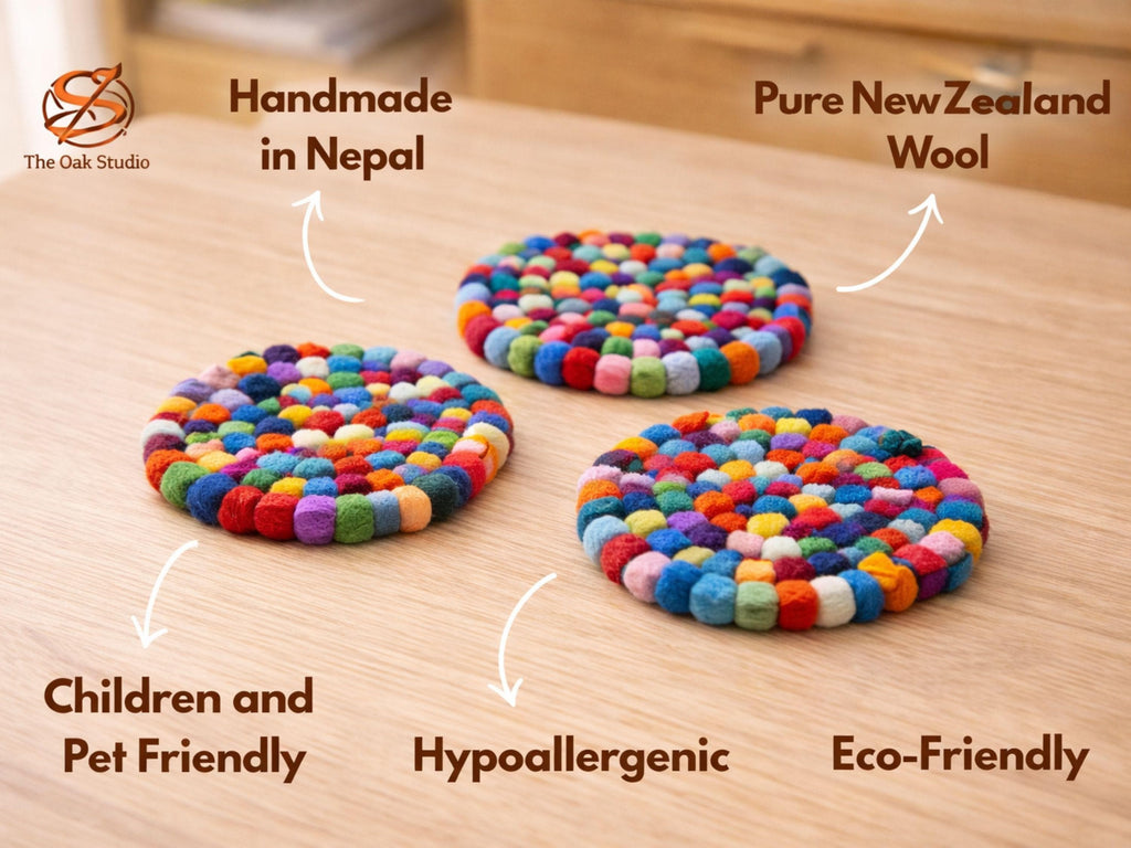 Set of 3 Handmade Wool Ball Trivets – Multicolor Felt Hot Pads, 18cm Kitchen Decor