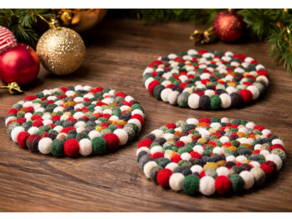 Handmade Christmas Felt Ball Trivets – Set of 3, New Zealand Wool Kitchen Decor