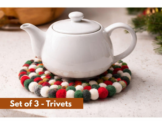 Handmade Christmas Felt Ball Trivets – Set of 3, New Zealand Wool Kitchen Decor