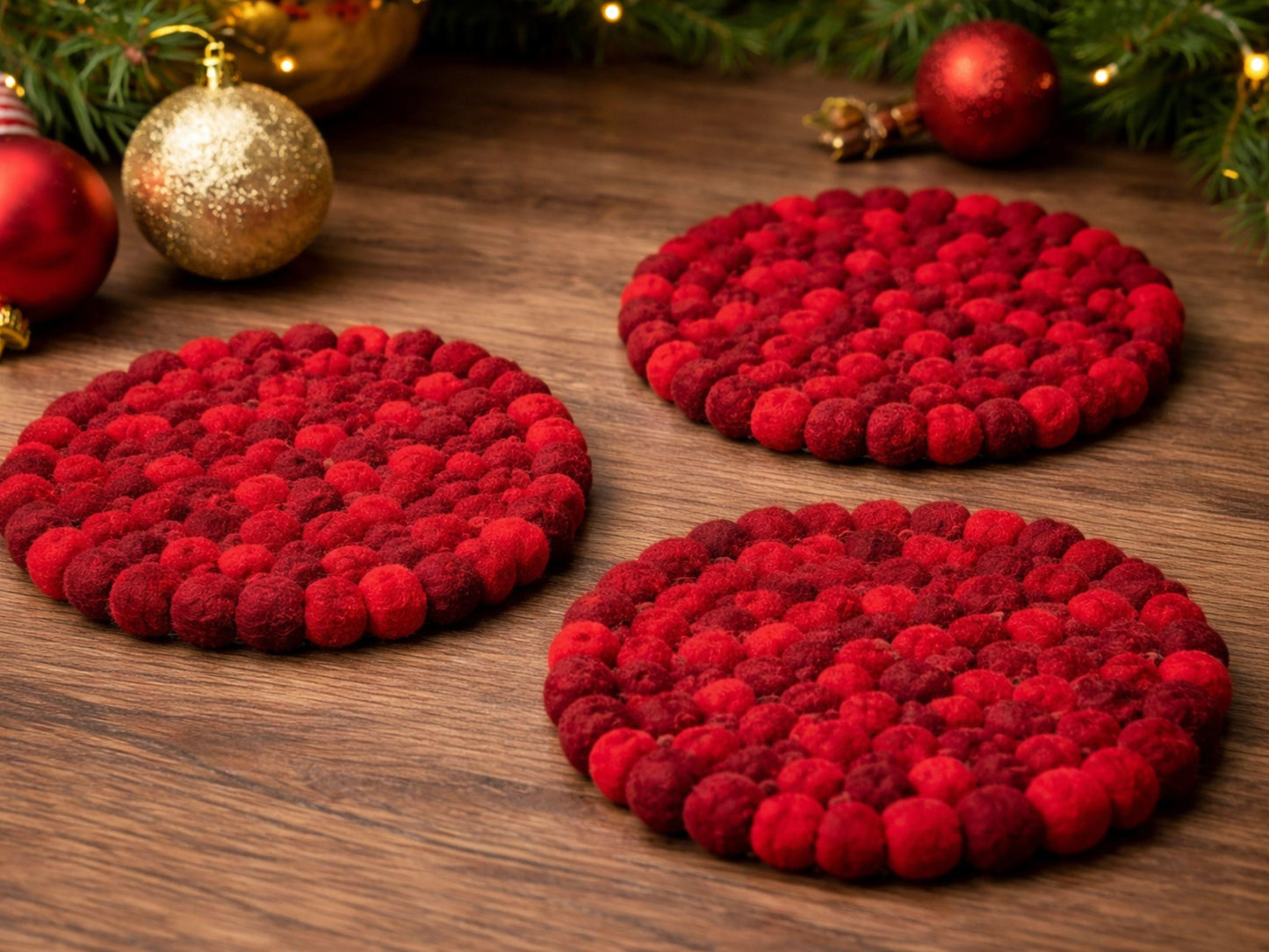 Handmade Red Wool Felt Ball Trivets – Set of 3, 20cm Diameter Table Protection