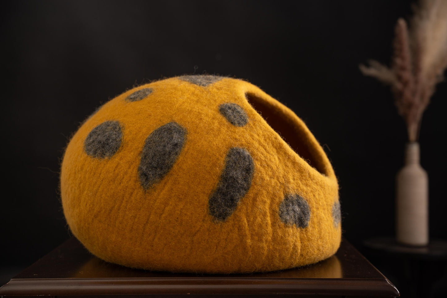 Handmade Yellow Polka Dot Felt Cat Cave | Natural Wool Pet Bed (40cm Diameter)