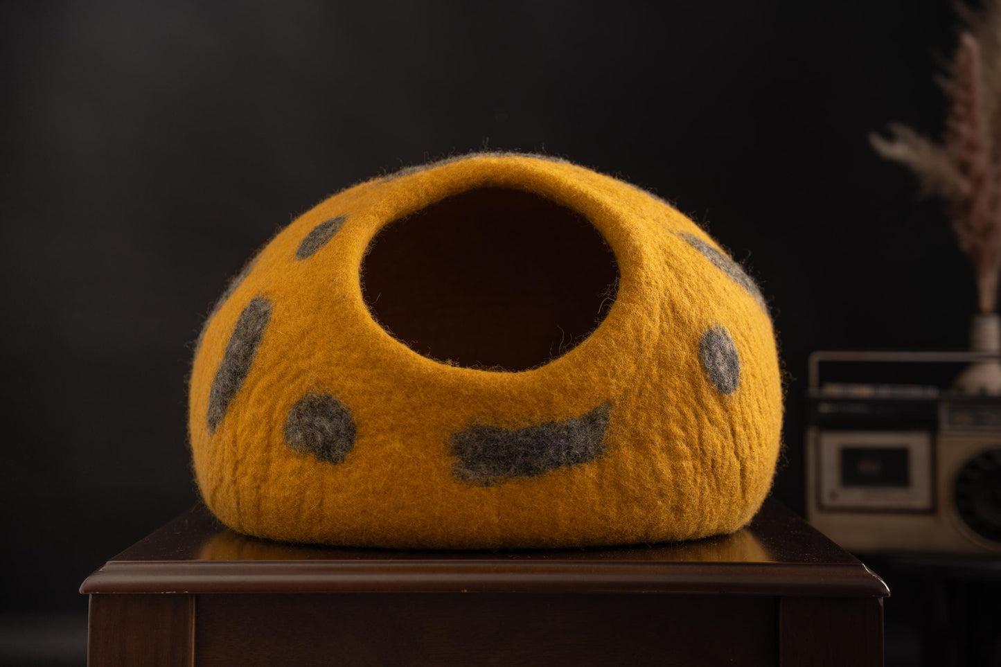 Handmade Yellow Polka Dot Felt Cat Cave | Natural Wool Pet Bed (40cm Diameter)