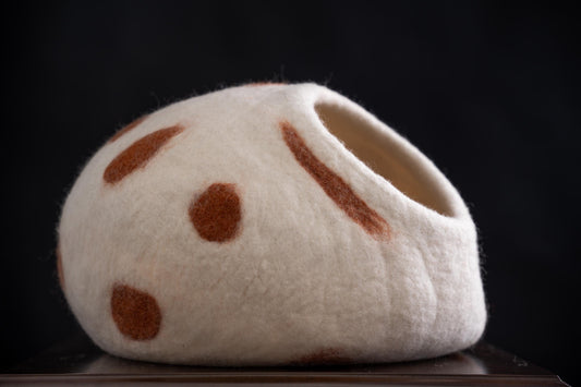 Handmade Felt Cat Cave | White with Brown Polka Dots, Wool Pet Bed (40cm)