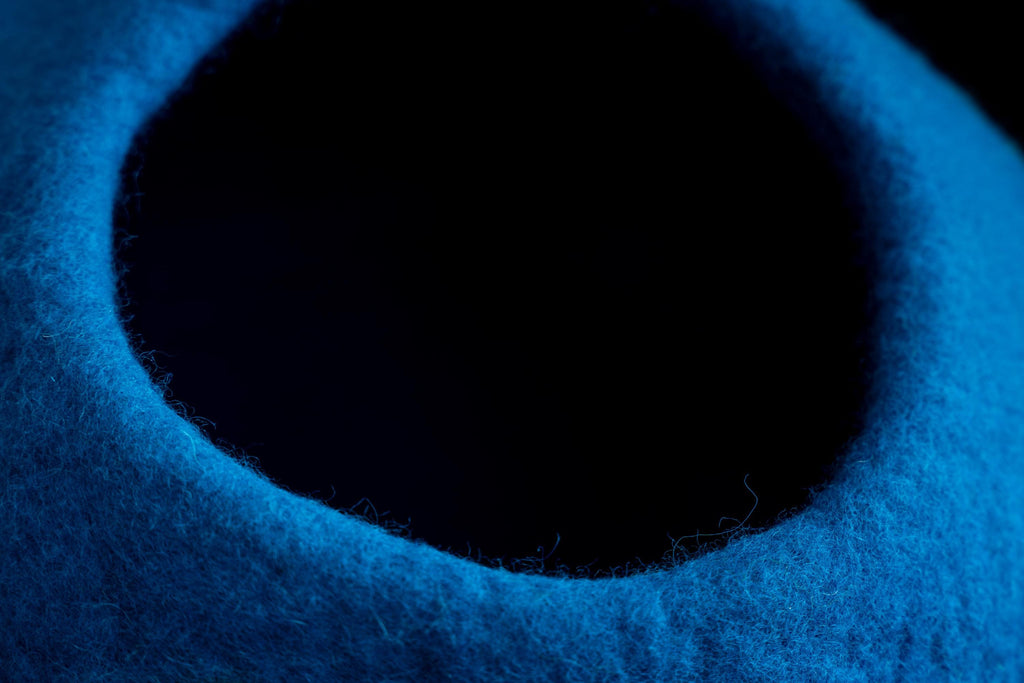 Handmade Blue Felt Cat Cave | Polka Dot Wool Bed, Free Mouse Toy (40cm Diameter)